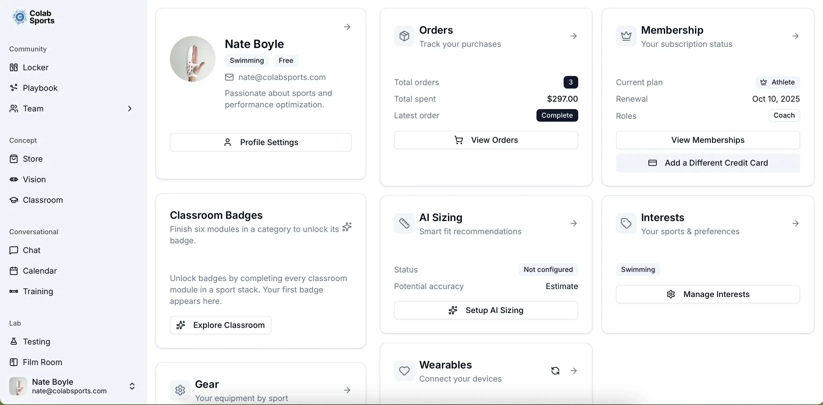 Locker profile showing brand purchases and member credits