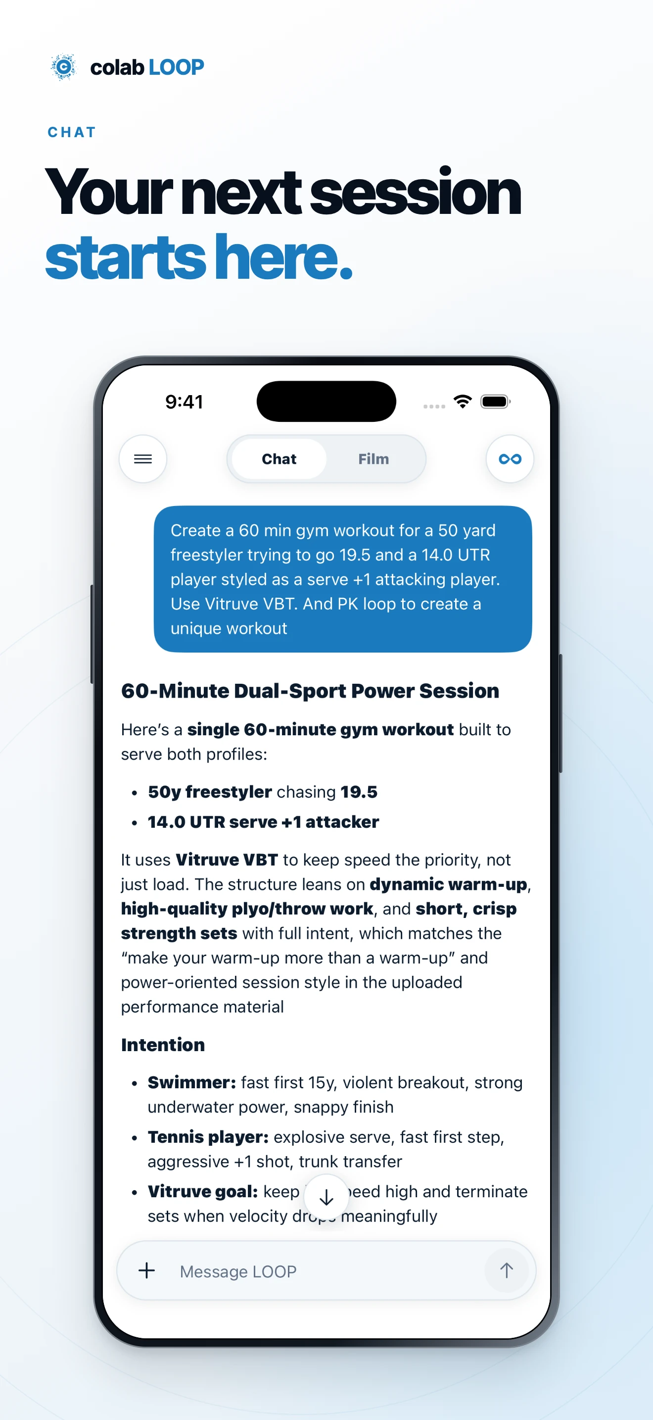 Your next session starts here. A framed iPhone view of an existing training conversation in Chat.